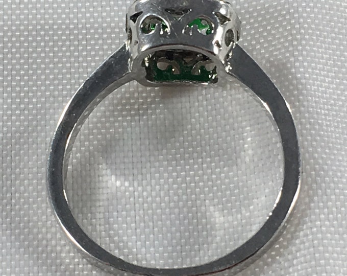 Storewide 25% Off SALE Vintage Silver Tone Emerald Green Designer Cocktail Ring Featuring Rhinestone Accented Design