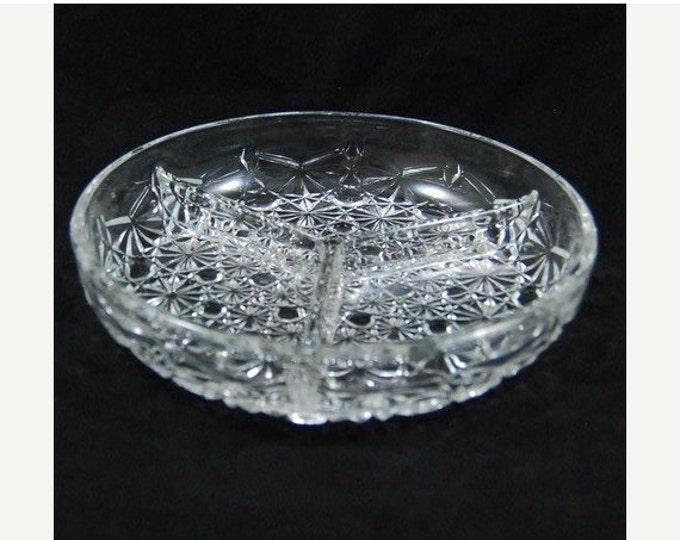 Storewide 25% Off SALE Vintage Crystal Cut Glass Style Round Divided Relish Serving Platter Compote Featuring Elegant Etched Style Pattern D