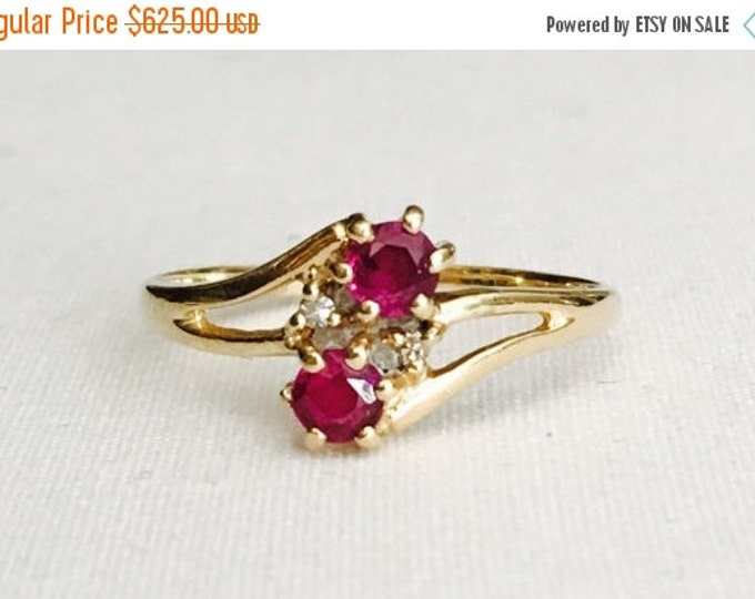 Storewide 25% Off SALE Vintage 10k Gold Double Ruby Ladies Diamond Accented Cocktail Ring Featuring Faceted Gemstone Design