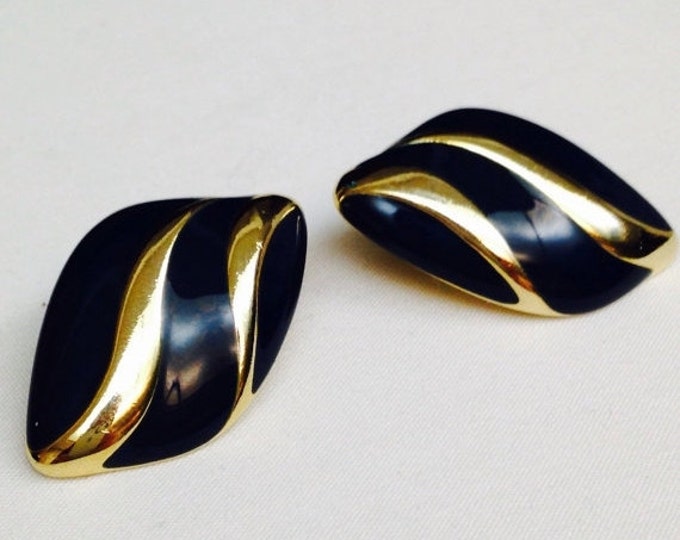 Storewide 25% Off SALE Vintage Gold Tone Blue Enamel Tulip Bud Designer Earrings Featuring Deep Cobalt Blue Design