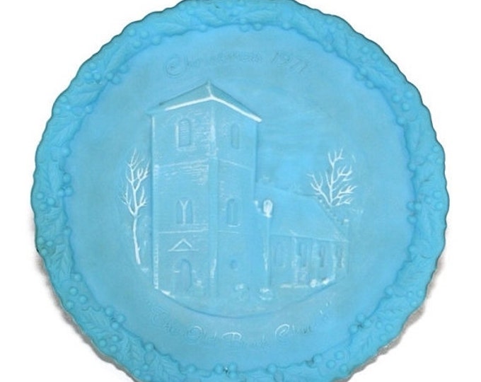 Storewide 25% Off SALE Vintage 1971 Fenton Heavy Glass Baby Blue Decorative Christmas Plate Featuring Old Brick Church Design With Classical