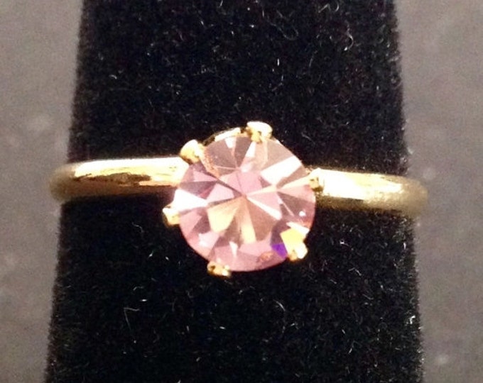 Storewide 25% Off SALE Vintage Gold Tone Faceted Pink Rose Rhinestone Designer Solitare Ring Featuring Elegant Petite Marquee Cut Design