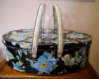 Vintage Tin with Handles, Black with Blue Floral Pattern, Pansies, Oval Biscuit Tin with Lid
