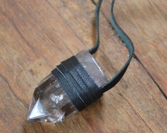 tumbled amethyst quartz leather wrapped necklace healing crystal necklace crystal leather large quartz necklace boho