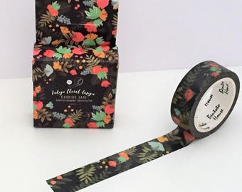 Washi Tape - Single Roll Set - Indigo Floral Design - 15mm x 7 metres - Flower Berries Leaves - Navy Background - Journal Adhesive Tape