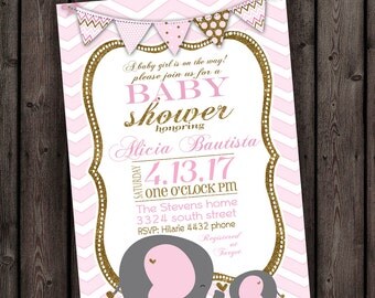 elephant baby shower invitation pink gold chevron, baby shower invitation, elephant baby invitation, pink and gold baby shower, umbrella
