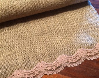 Set of 10 premium burlap table runner with lace accents.8ft long with serged edges. Vintage lace. Country barn wedding theme