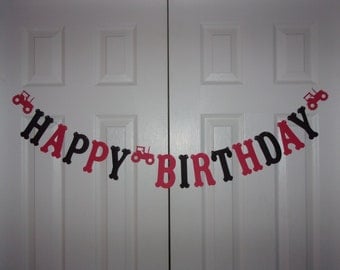 HAPPY BIRTHDAY Letter Banner Red, Black Cardstock Paper Tractor Garland Hanging Door Mantel Wall Party Decor