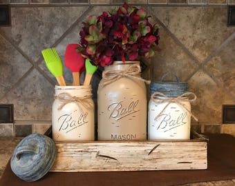 MASON Jar Kitchen CANISTER SET with metal galvanized lids, Utensil Holder, Painted Pint Jars Distressed Brown Tan Red White *Flower Optional