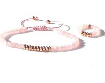 Pretty Delicate Semi Precious Baby Pink Faceted Agate Friendship Bracelet and Matching Ring with Quality Rose Gold Plated Brass Spacer Beads
