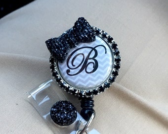 initial nurse Badge Reel chevron Retractable lanyard, bling bow rhinestones RN appreciation week gift, stethoscope id tag, girl magnetic