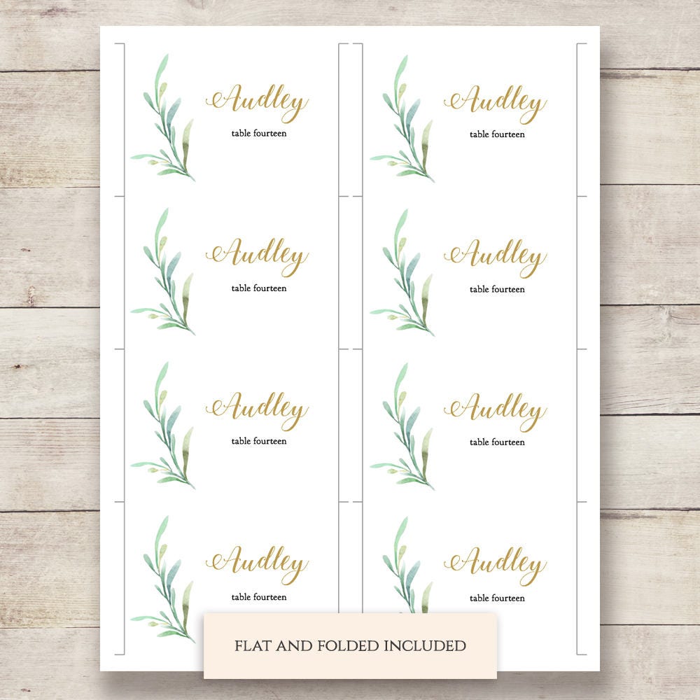 Greenery Wedding Table Place Card Template Flat and Folded Name Place