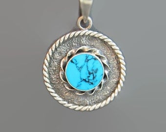 Vintage Turquoise Sterling Silver Necklace Pendant Chain 925