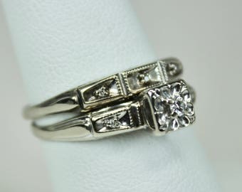 Vintage Ladies 14K White Gold Diamond Bridal Set of Engagement Ring & Wedding Band Hallmark c1940s