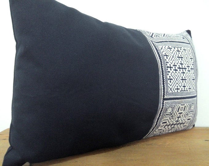 12"x20" Handmade Hmong Indigo Batik Pillow Cover / Handspun Cotton Boho Pillow Cover / Hill Tribe Batik Cushion Cover