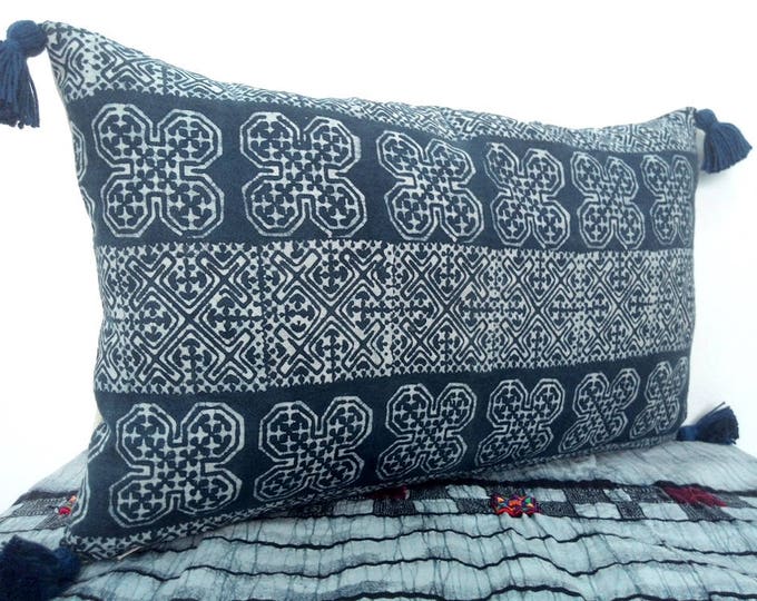 Batik Throw Pillow Cover  Cushion Cover : 18x18 Hmong Pillow Blue White Vintage Hmong Indigo Pillow Organic Linen Hill Tribe Pillow