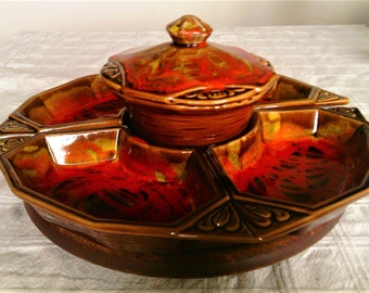 Vintage California Originals Brown and Orange Dripware Lazy Susan Snack Tray