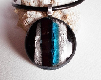 Extra Large Pendant Necklace Fused Glass Pendant Fashion Jewelry Modern Necklace Black 725 Silver Turquoise Modern Pendant Glass Jewelry
