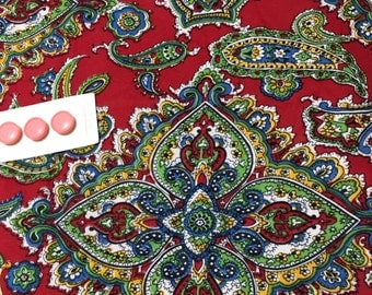 1950s Mid Century Mod Corron Jersey Fabric // deep red background with paisley and Eastern influenced design 110"x 44" lightweight