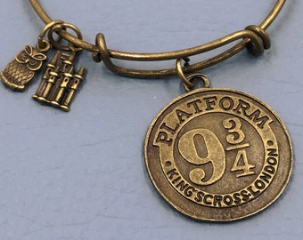 HARRY POTTER Inspired Bangle, Platform Kings Cross Bronze, Charm Bracelet, Hogwarts Express, Hedwig Owl, fan girl gift favorite book