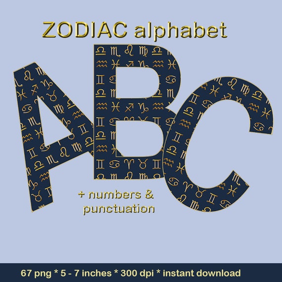 Zodiac signs alphabet clipart astrological signs font with