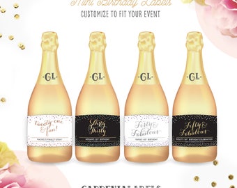 Mini Champagne Birthday Labels, Dirty Thirty Mini Label, 21st 30th 40th 50th Birthday, Milestone Birthday Gift, Mini Champagne Labels