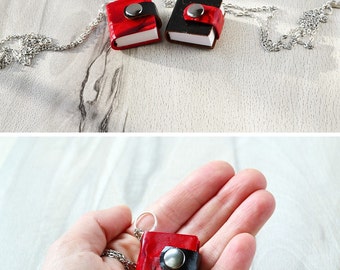Mini book pendant Tiny book necklace Small book Miniature book Leather book Red notebook Black notebook Small journal Leather keychain book
