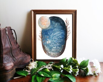 Oscar Wilde Art Print ~ "With Freedom, Books, Flowers, and the Moon" ~ Inspirational Watercolor Printable Quote, 8x10 Calligraphy Wall Art