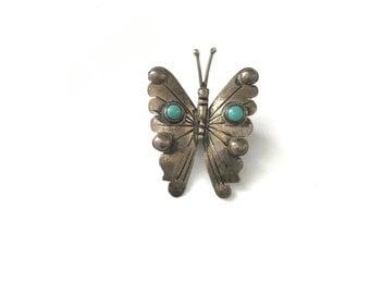 Vintage Mexican Silver 925 and Turquoise Butterfly Brooch Pin