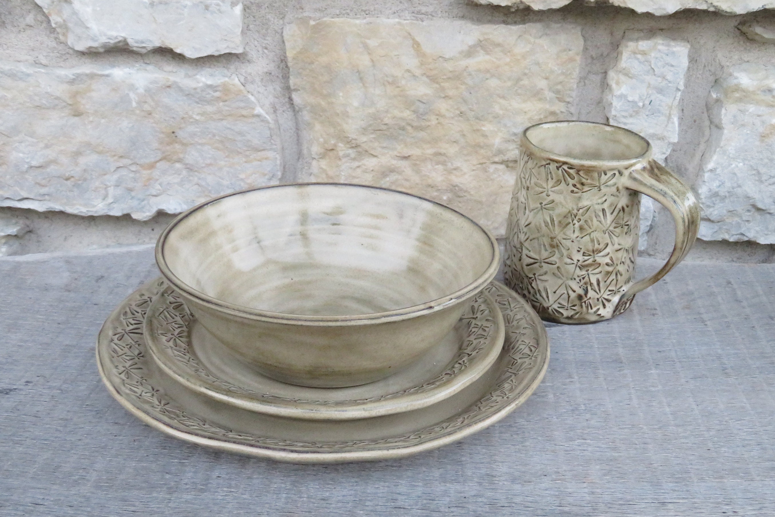Dragonfly 4pc pottery dinnerware set with embossed dragonflies