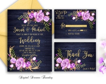 Navy Blue Wedding Invitation Printable Purple Floral Wedding Invitation Bohemian Invitation with Antler Rustic Gold Wedding Country Wedding
