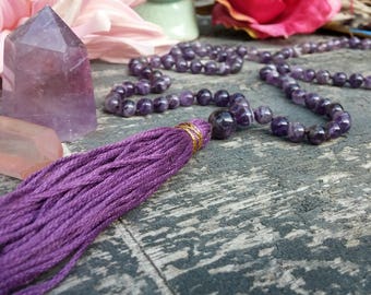 Amethyst Mala Beads, Knotted Mala, 108 Japa Mala Necklace, February Birthstone, Amethyst Mala Prayer Beads for DEEPER MEDITATION + SOBRIETY