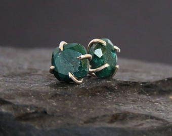 Raw emerald earrings, square rough deep green emerald studs, natural emerald earrings in prong setting, genuine emerald studs