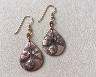 Copper dangle earrings "wild strawberry leaves".