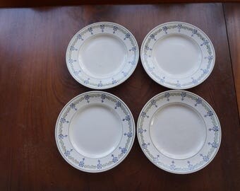 Four beautiful old dinner plates, St Amand France, Terre de Fer, 6010. Green and blue abstract pattern, early 1930 s vintage heavy faience