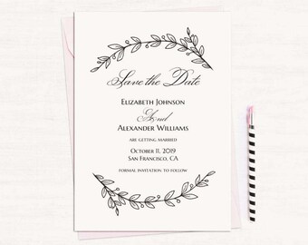 Simple wedding announcement template Black and white save the date printable Instant download Modern save our date diy Floral save date T142