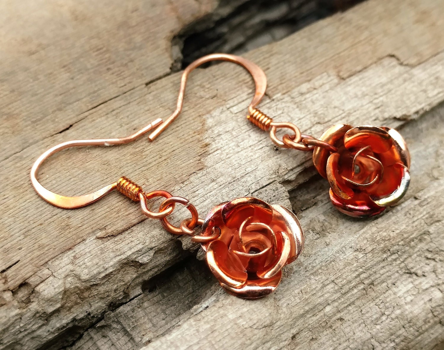Copper Rose Dangle Earrings Warm Copper Colors Unique