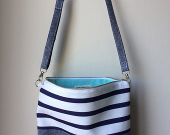Navy Striped Crossbody Bag, Cross Body Bag, Hobo Bag, Nautical Purse, Chambray Hobo Bag, Convertible Bag
