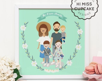 Custom Family Portrait Illustration // Full Body // Hand Illustrated / Floral Wreath / Wedding Gift / Anniversary Gift / Personalized Gift