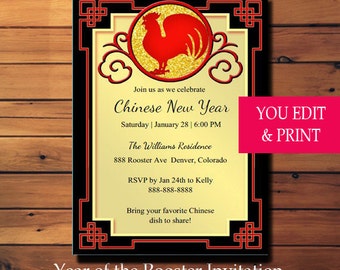 Chinese New Year Invitation, Year of Rooster Invitation, Chinese Dinner Party Invitation, Rooster Invitation, Edit Yourself with Adobe