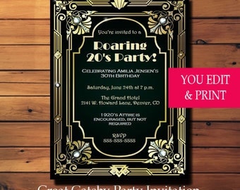 30th Birthday Invitation, Gatsby Invitation, Gatsby Birthday Invitation, Great Gatsby Birthday Invitation, Edit Yourself in Adobe Reader