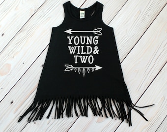 Young Wild and Two - Fringe Dress - Girl Second Birthday - Swimsuit Coverup - Baby Fringe Dress - Toddler Fringe Dress - 2nd Birthday Outfit