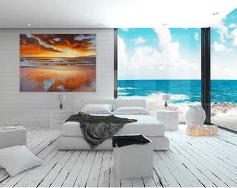Beach Painting Large 36"x48" Canvas Horizontal Seascape Original Ocean Shore Wall Art Orange Acrylic Clouds Handmade Coastal Decoration