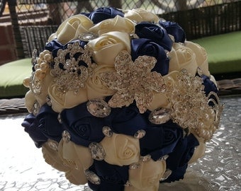 Navy Blue and Ivory Wedding Brooch Bouquet * Hand Made Bridal Brooch Bouquet Wedding Flowers