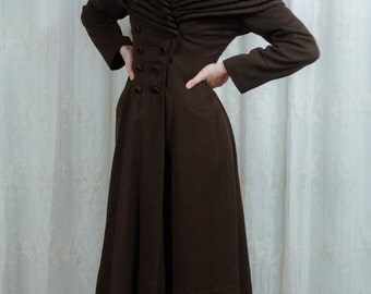 1940s Chocolate Brown Wool Princess Coat - Small