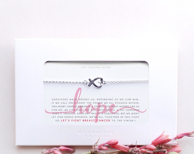Hope | Breast Cancer Survivor Support Awareness Gift for Women Family Friend | Sterling Silver Heart Pink Ribbon Bracelet Poem Quote Message