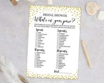 What's in Your Purse Game - Printable Gold Confetti Bridal Shower Gold Bridal Shower Purse Game - Purse Raid Game - Bridal Shower - 032