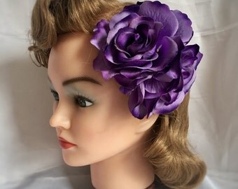 Rose hair clip - the "Rosalita" - Double rose pin up hair flower, hair clip, vintage style, 1940s, 1950s - PURPLE - 7 other colours availa