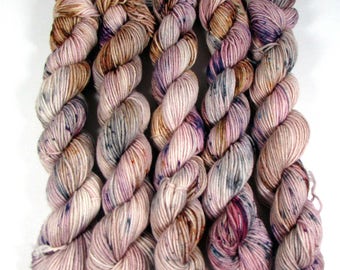 Speckled Mini Skeins, Hand Dyed Sock Yarn, Cream, Gray, Brown, Purple, Fingering Weight, SW Merino Wool, Nylon, Antique Mystique