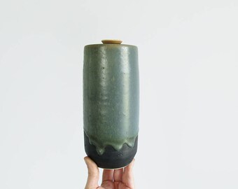 vintage pottery jar / mid century modern ceramic canister / tall cylindrical drip glaze jar with lid / studio pottery vessel